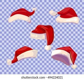 Cartoone style Santa hats set on transparent background. Vector illustration.