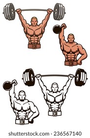 Cartooned bodybuilder lifting weights with barbell and dumbbell for sports design