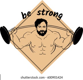 Cartooned bodybuilder lifting weights with barbell 
