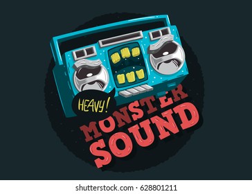 Dibujado Gracioso Monster Cassette Carácter Música De Cinta Diseño Con Letras Personalizadas Artísticas Para La Impresión De Tee.    Gráfico vectorial.
