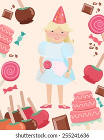 Cartooned Graphic Design of Happy Young Girl with Party Hat and Holding Candies Surrounded with Sweets on a Very Light Brown Background.