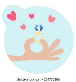 Cartooned Graphic Design for Love Concept with One Hand Holding a Diamond Ring with Hearts Above on Sky Blue Background.