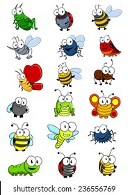 Cartooned insects set with bee, wasp, hornet, caterpillar, grasshopper, ladybug, fly, worm, butterfly, dragonfly, ant, spider and bug