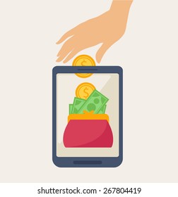 Cartooned Mobile Banking Concept Graphic Design with Hand Deposing Money on a Wallet Inside a Phone on a Light Brown Background.