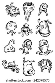 Cartooned scary Halloween monsters and aliens set pulling frightening faces