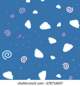 cartooned seamless pattern with stars and clouds, vector illustration background