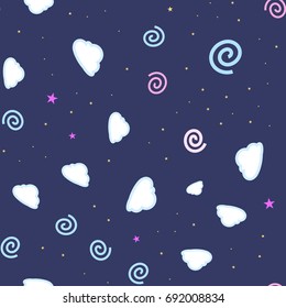 cartooned seamless pattern with stars and clouds, vector illustration background