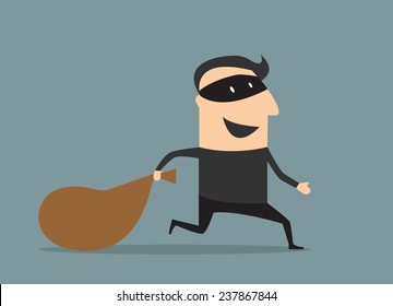 Cartooned thief in black mask and costume running away from the pursuit dragging sack with loot 