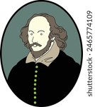 Cartoonic portrait of Shakespeare in oval frame, Doodle line art for t-shirt and products