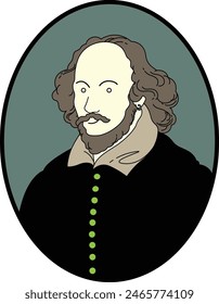 Cartoonic portrait of Shakespeare in oval frame, Doodle line art for t-shirt and products