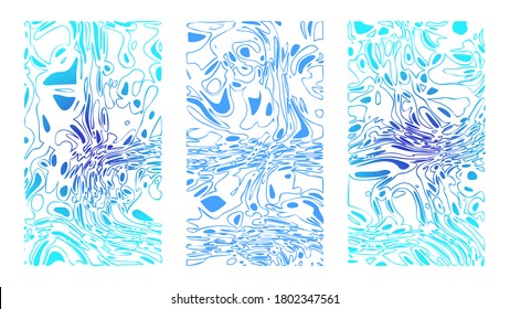 Abstrakter kartoonischer Hintergrund-Set. Vertikal blaue Wasseroberfläche, Illusion, Krümmung. Flüssigkeit auf Leinwand