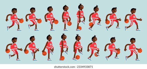 A cartoonish African American basketball player dribbling a ball - a sequence of positions. Basketball player frames for animation. Vector illustration.