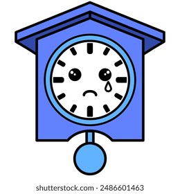 A cartoonish alarm clock with a sad face. The clock is blue and white