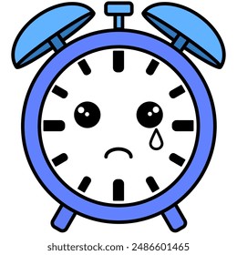 A cartoonish alarm clock with a sad face. The clock is blue and white