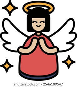 A cartoonish angel with a red dress and wings. The angel is smiling and he is happy