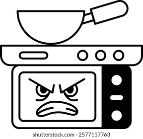 A cartoonish angry face is on a microwave