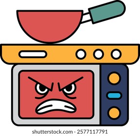 A cartoonish angry face is on a microwave