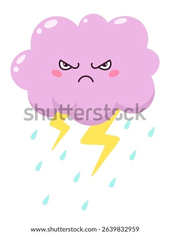 Cartoonish, angry pink cloud raining heavily while throwing bolts of lightning, creating a dynamic and stormy atmosphere filled with energy and emotion