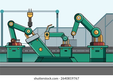 Cartoonish assembly line with robotic arms and a hanging electrical plug
