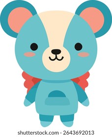A cartoonish blue bear with a round head, black eyes, and a red bow tie. The bear has a cream-colored forehead and circular ears with pink inner circles.