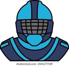 A cartoonish blue helmet with a black face mask. The helmet is blue and black, and it has a menacing look to it. The design is simple and straightforward, but it conveys a sense of danger and power