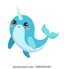 A cartoonish blue whale with a unicorn horn on its head. The whale is smiling and he is happy