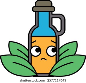 A cartoonish bottle of oil is sitting on a leafy green background