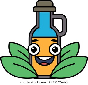 A cartoonish bottle of oil is smiling and surrounded by green leaves