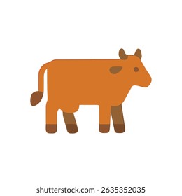 A cartoonish boxy orange cow with brown legs horns tail and eye patch stands on a white background
