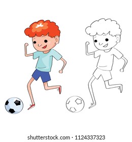 cartoonish boy playing football - line art and color version
