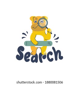 Cartoonish bulldog and a lettering phrase - Search. The funny detective puppy is holding a magnifying glass. Good for web designs, t-shirts, ads, postcards, etc. Vector illustration.