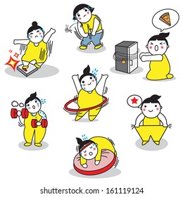 Cartoonish character on diet illustration set