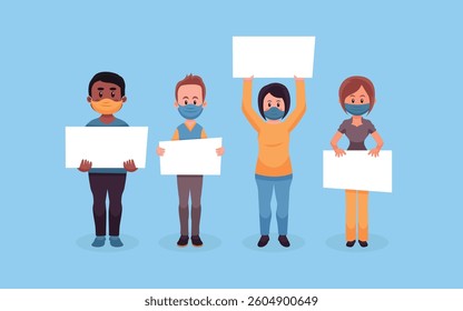 Cartoonish Characters Holding Blank White Boards In A Strike Pose Vector Illustration   Activists,strikers holding banners