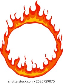 Cartoonish circular frame crafted from vibrant red and orange fire flames, burning brightly against a clean white background, creating a striking and energetic design element