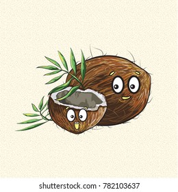 Cartoonish coconut doodle, cute coconuts with smiling faces, tropical coconuts, cartoon vector, stylish concept illustration