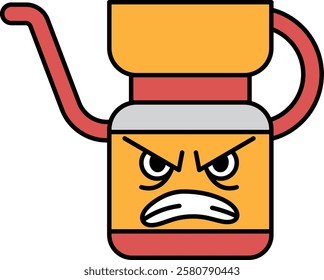 A cartoonish coffee pot with a frowning face and angry expression