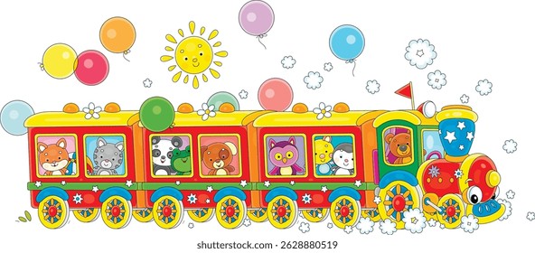 Cartoonish colorful train with cute toy animals and holiday balloons flying around on a sunny summer day, vector cartoon illustration on a white background