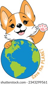 Cartoonish corgi with a globe. Vector