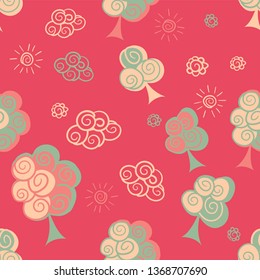 Cartoonish cream and green trees on bright pink background. Vector design for Fabric, Cards and Party Invitations