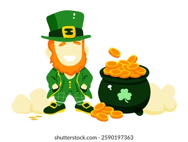 A cartoonish depiction of a man in a green hat and vest standing next to a large green pot filled with gold coins