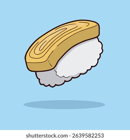 Cartoonish depiction of tamagoyaki sushi, with a simple, bright yellow tamagoyaki portioned over white rice.  The illustration is presented on a light blue background.