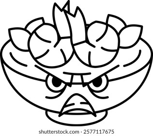 A cartoonish drawing of a bowl of food with a face and angry eyes