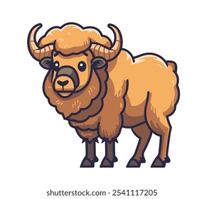 Cartoonish drawing of a brown animal with horns and a big fluffy mane. The animal has a cute face and is standing on its hind legs