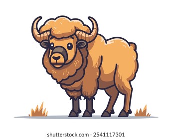 Cartoonish drawing of a brown and white animal with horns. The animal has a big, goofy grin on its face