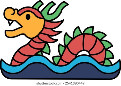 A cartoonish drawing of a dragon with a mouth open and a long tail. The dragon is swimming in the water