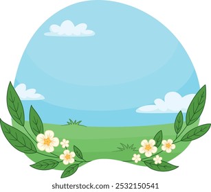 A cartoonish drawing of a field with a blue sky and white flowers