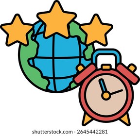 Um desenho animado de um globo com três estrelas e um relógio vermelho. O relógio está definido para a hora das 10:00