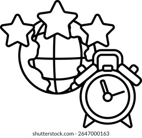 Um desenho animado de um globo com três estrelas e um relógio vermelho. O relógio está definido para a hora das 10:00