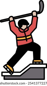 A cartoonish drawing of a man in a red jacket holding a hockey stick. The man is standing on a step and he is in the middle of a fight