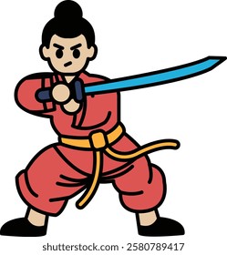 A cartoonish drawing of a man in a red outfit holding a sword. The man has a fierce expression on his face, and the sword is blue. Concept of strength and determination